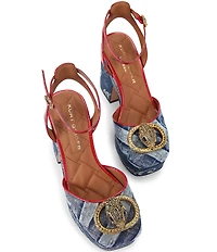 Kurt Geiger London Chelsea Paisley Denim Logo Ornament Croco Ankle Strap Platform Pumps