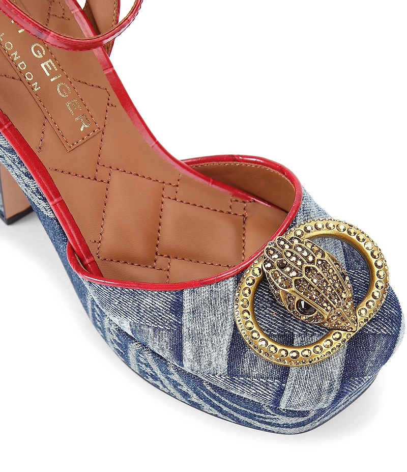 Kurt Geiger London Chelsea Paisley Denim Logo Ornament Croco Ankle Strap Platform Pumps