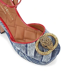 Kurt Geiger London Chelsea Paisley Denim Logo Ornament Croco Ankle Strap Platform Pumps
