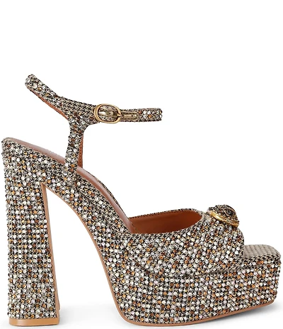 Kurt Geiger London Chelsea Embellished Ankle Strap Eagle Ornament Peep Toe Platform Dress Sandals