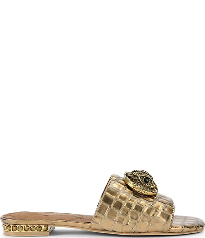 Kurt Geiger London Chelsea Metallic Croco Print Embellished Logo Ornament Slide Sandals