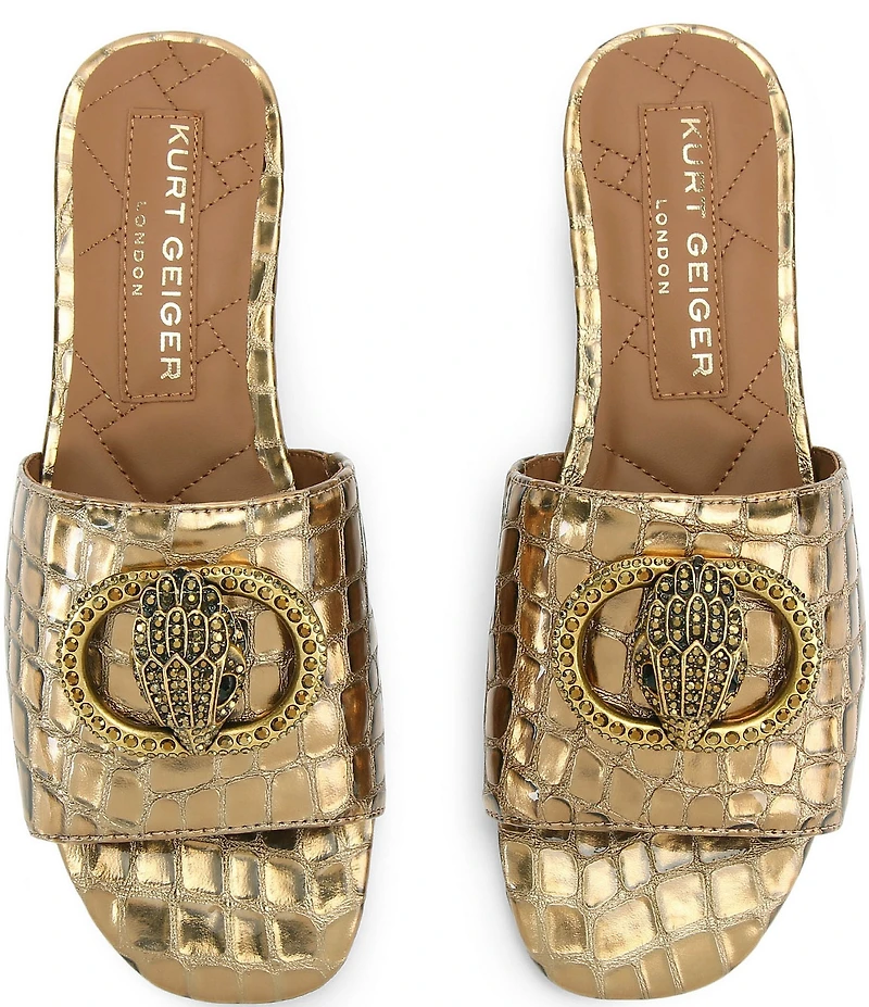 Kurt Geiger London Chelsea Metallic Croco Print Embellished Logo Ornament Slide Sandals