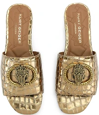 Kurt Geiger London Chelsea Metallic Croco Print Embellished Logo Ornament Slide Sandals