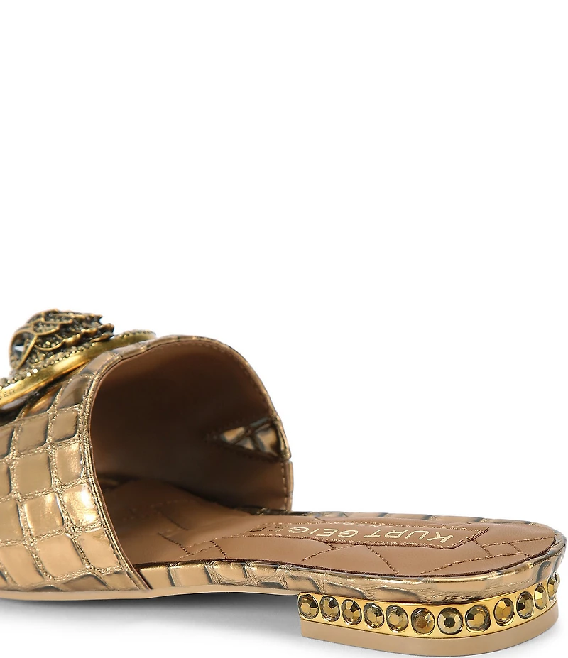 Kurt Geiger London Chelsea Metallic Croco Print Embellished Logo Ornament Slide Sandals
