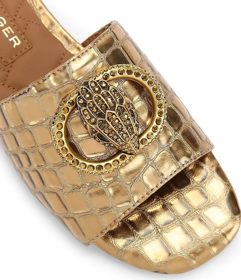 Kurt Geiger London Chelsea Metallic Croco Print Embellished Logo Ornament Slide Sandals