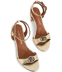 Kurt Geiger London Chelsea Metallic Leather Logo Ornament Ankle Strap Dress Sandals