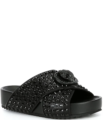 Kurt Geiger London Chelsea Stud Embellished Microsuede Logo Ornament Cross Strap Slide Sandals