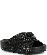 Kurt Geiger London Chelsea Stud Embellished Microsuede Logo Ornament Cross Strap Slide Sandals