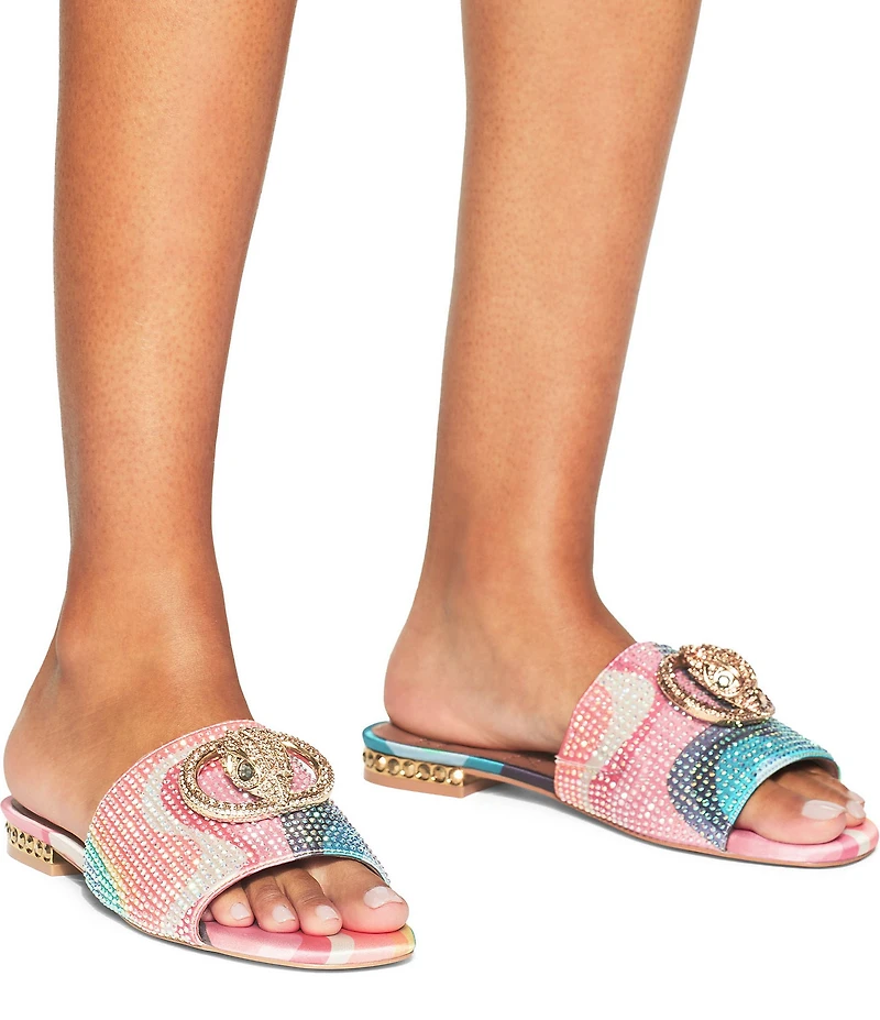 Kurt Geiger London Chelsea Rainbow Geometric Printed Crystal Embellished Ornament Flat Slide Sandals