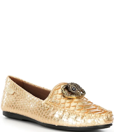Kurt Geiger London Chelsea Snake Embossed Leather Logo Ornament Moccasin Loafers