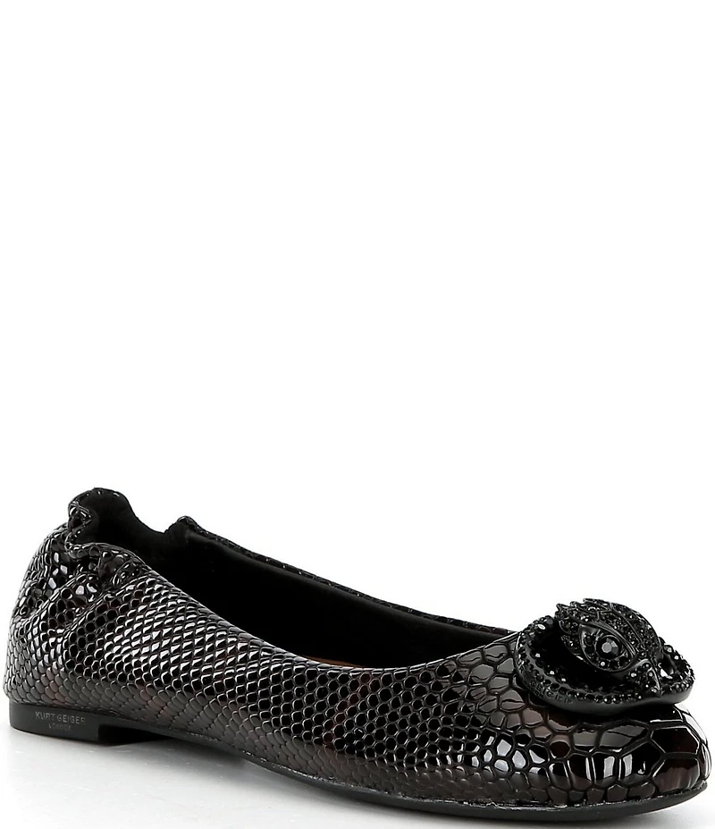 Kurt Geiger London Chelsea Snake Embossed Leather Tortoise Print Logo Ornament Ballerina Flats