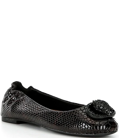 Kurt Geiger London Chelsea Snake Embossed Leather Tortoise Print Logo Ornament Ballerina Flats