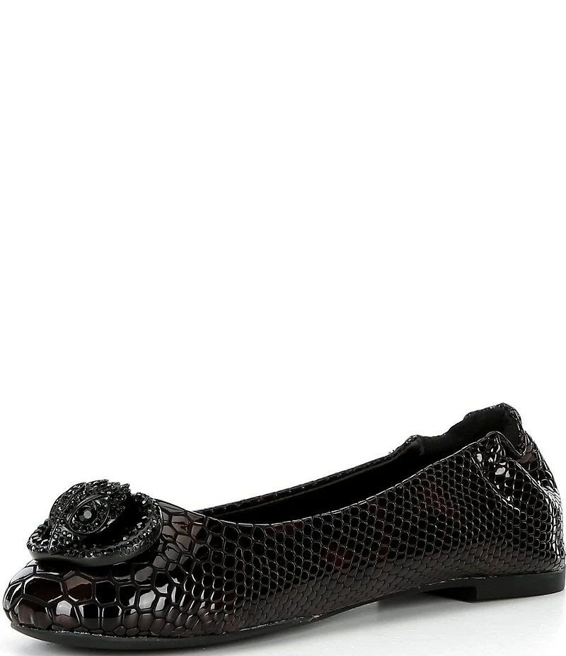 Kurt Geiger London Chelsea Snake Embossed Leather Tortoise Print Logo Ornament Ballerina Flats