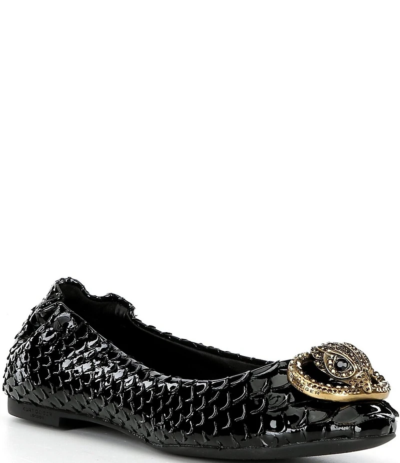 Kurt Geiger London Chelsea Snake Print Patent Leather Logo Ornament Ballerina Flats