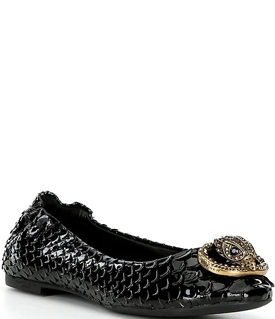 Kurt Geiger London Chelsea Snake Print Patent Leather Logo Ornament Ballerina Flats