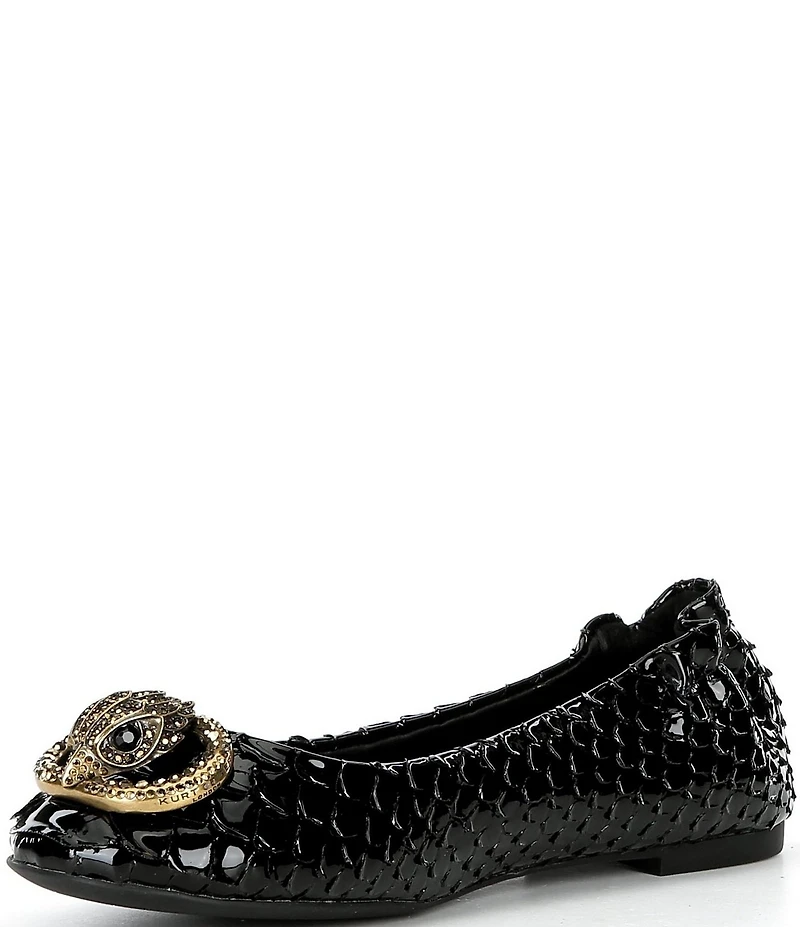 Kurt Geiger London Chelsea Snake Print Patent Leather Logo Ornament Ballerina Flats