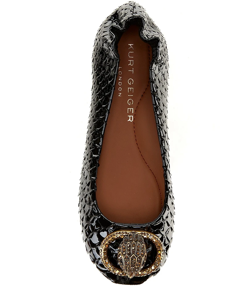Kurt Geiger London Chelsea Snake Print Patent Leather Logo Ornament Ballerina Flats