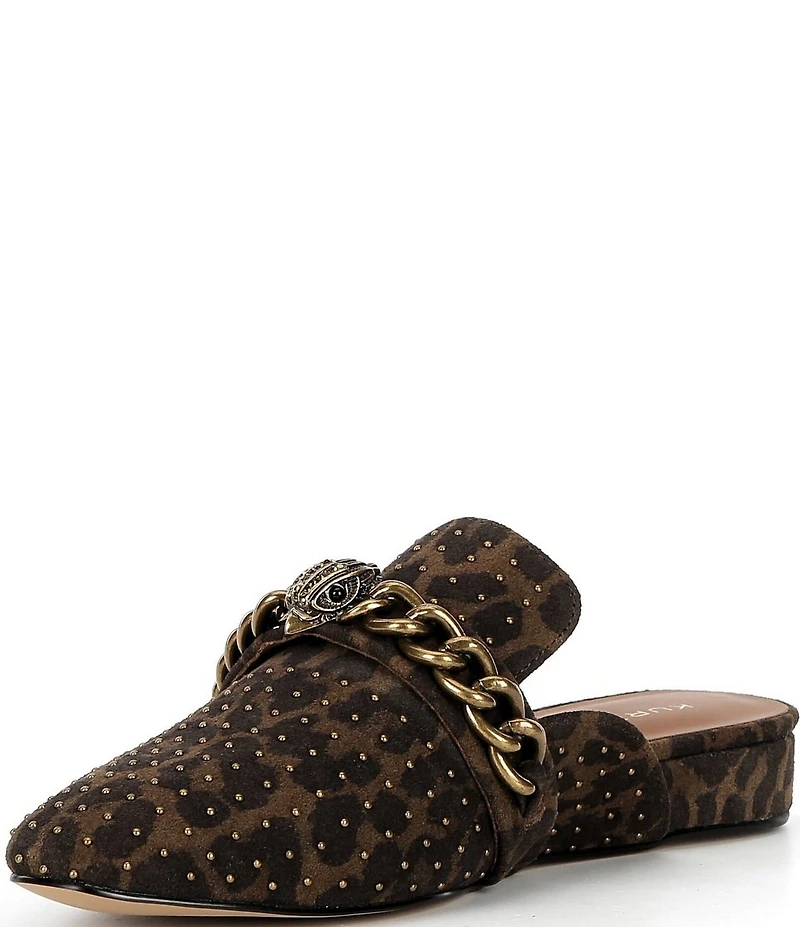 Kurt Geiger London Chelsea Studded Chain Hardware Ornament Animal Print Suede Mules