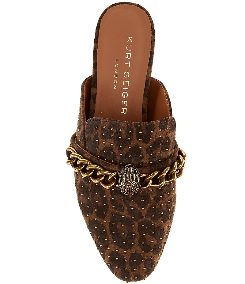 Kurt Geiger London Chelsea Studded Chain Hardware Ornament Animal Print Suede Mules