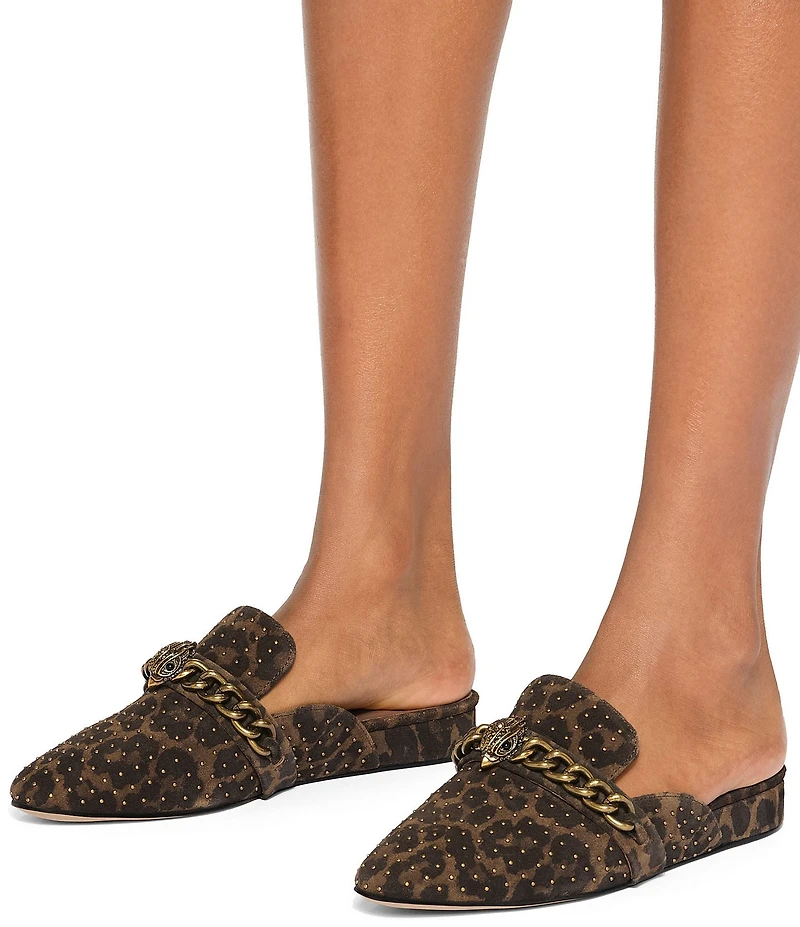 Kurt Geiger London Chelsea Studded Chain Hardware Ornament Animal Print Suede Mules