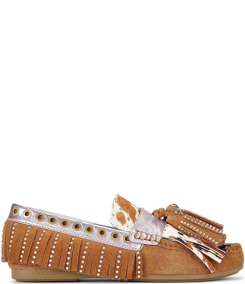 Kurt Geiger London Tassel Cow Print Calf Hair Studded Fringe Loafers