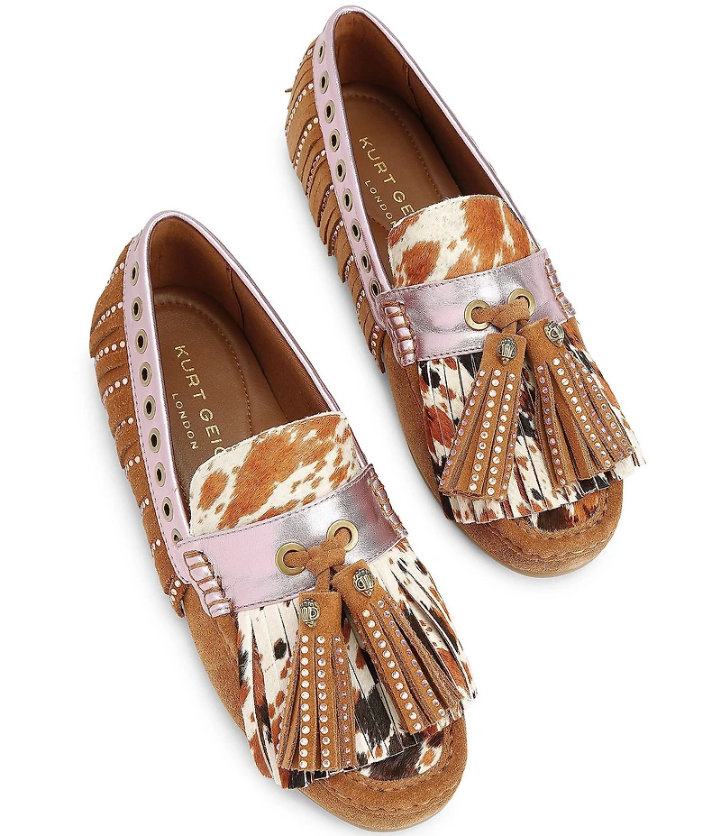 Kurt Geiger London Tassel Cow Print Calf Hair Studded Fringe Loafers