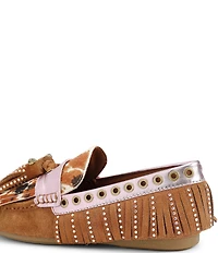 Kurt Geiger London Tassel Cow Print Calf Hair Studded Fringe Loafers