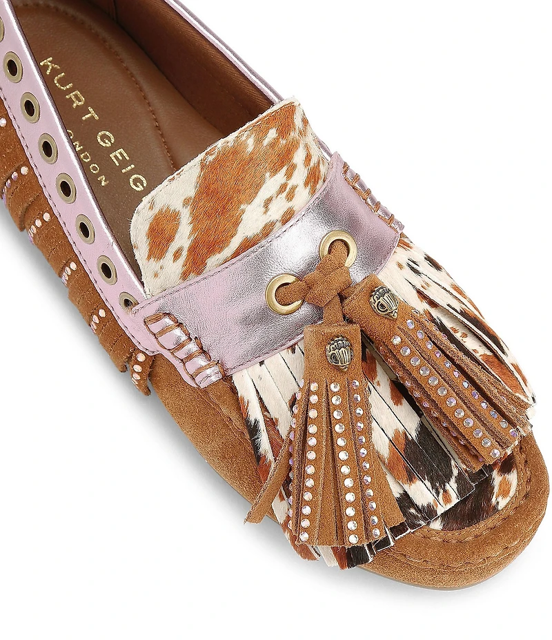 Kurt Geiger London Tassel Cow Print Calf Hair Studded Fringe Loafers