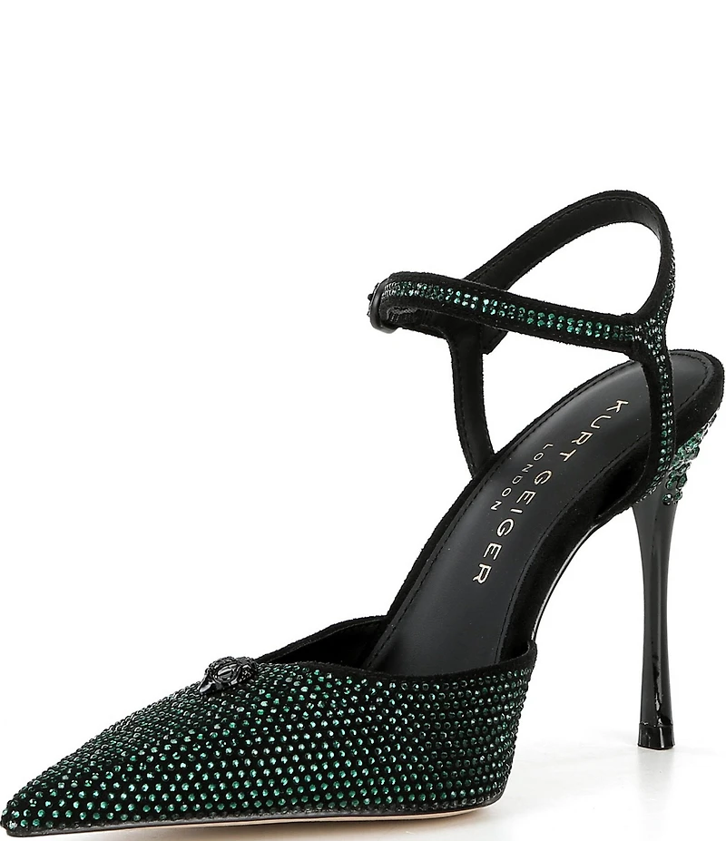 Kurt Geiger London Eagle Crystal Embellished Logo Ornament Pointed Toe Ankle Strap Pumps