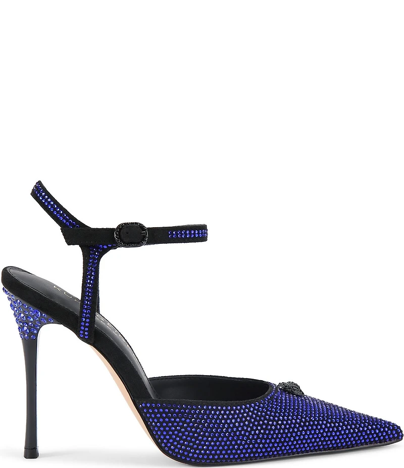 Kurt Geiger London Eagle Crystal Embellished Logo Ornament Pointed Toe Ankle Strap Pumps