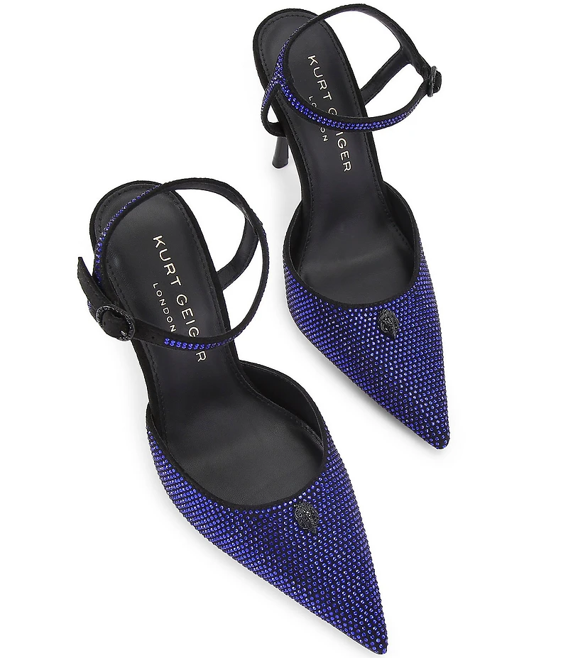 Kurt Geiger London Eagle Crystal Embellished Logo Ornament Pointed Toe Ankle Strap Pumps
