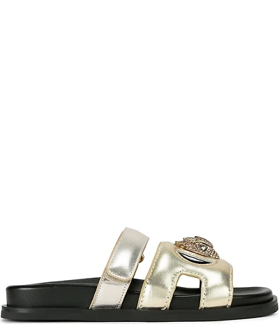 Kurt Geiger London Eagle Metallic Leather Logo Ornament Cut Out Slide Sandals