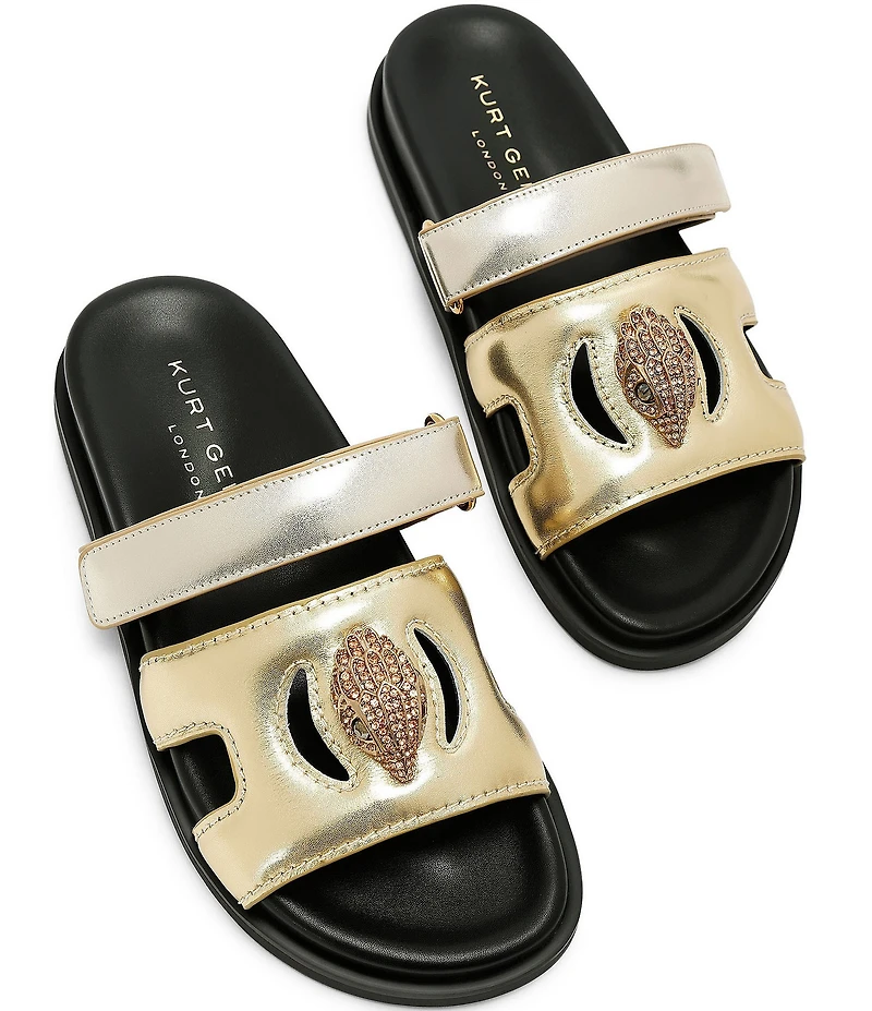 Kurt Geiger London Eagle Metallic Leather Logo Ornament Cut Out Slide Sandals