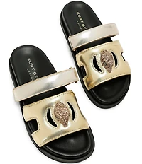 Kurt Geiger London Eagle Metallic Leather Logo Ornament Cut Out Slide Sandals