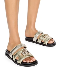 Kurt Geiger London Eagle Metallic Leather Logo Ornament Cut Out Slide Sandals