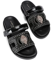 Kurt Geiger London Eagle Patent Stud Embellished Logo Ornament Cutout Slide Sandals