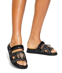 Kurt Geiger London Eagle Patent Stud Embellished Logo Ornament Cutout Slide Sandals