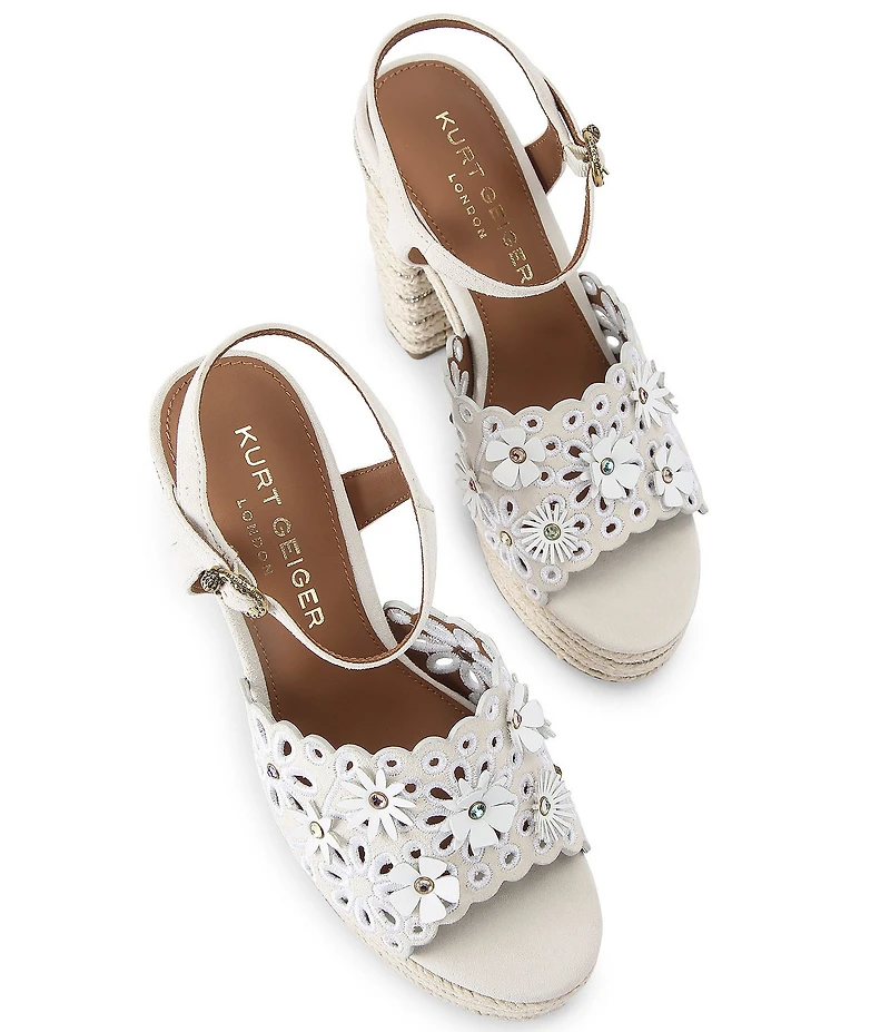 Kurt Geiger London Perforated Suede Flower Ornamented Ankle Wrap Platform Espadrille Sandals