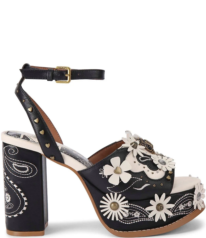 Kurt Geiger London Flower Western Studded Ornament Block Heel Platform Sandals