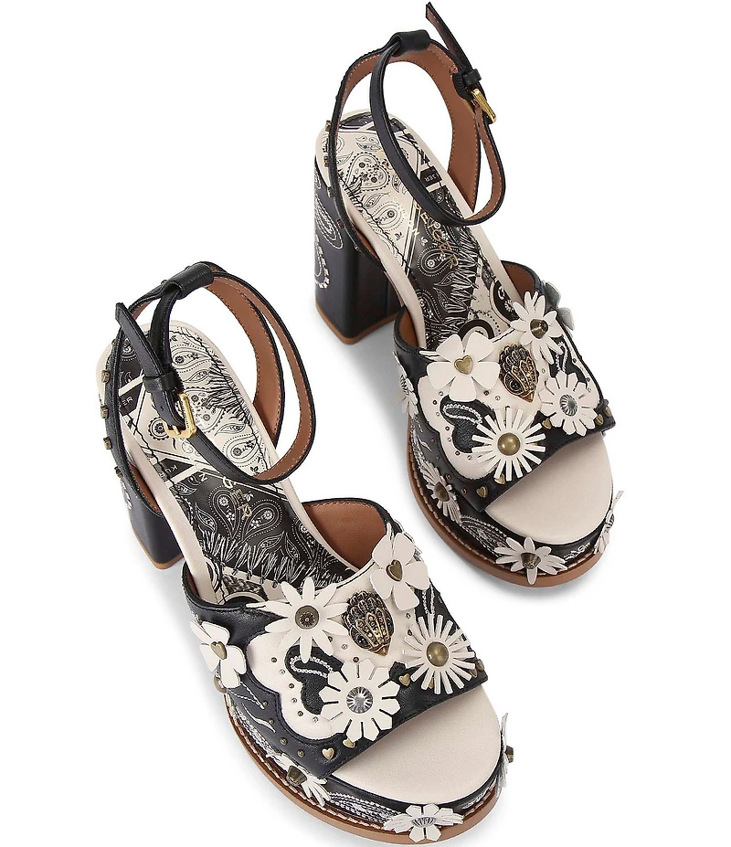 Kurt Geiger London Flower Western Studded Ornament Block Heel Platform Sandals