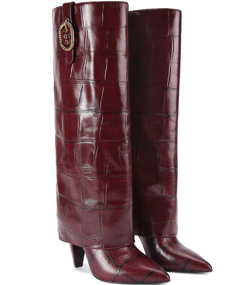 Kurt Geiger London Fold Over Croco Print Leather Buckle Hardware Tall Boots