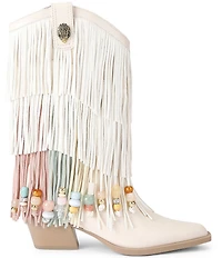 Kurt Geiger London Kurt's Cabana Fringe Leather Rainbow Beaded Logo Cowboy Boots