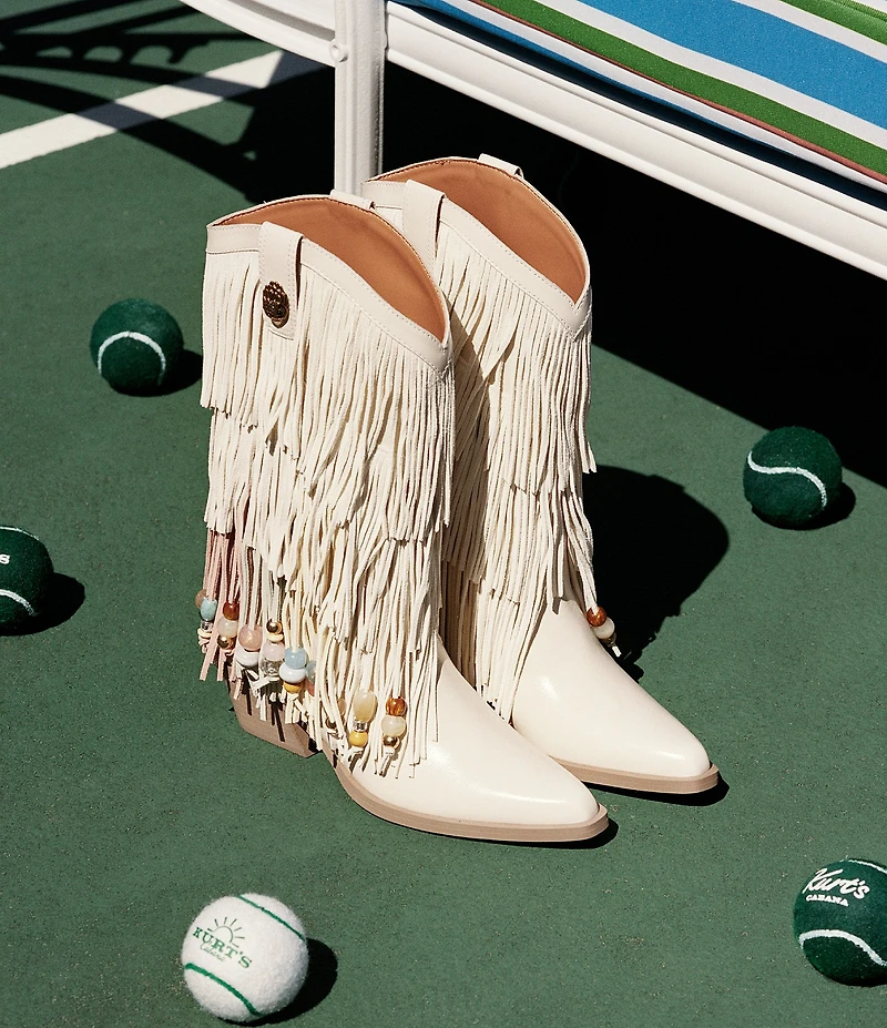 Kurt Geiger London Kurt's Cabana Fringe Leather Rainbow Beaded Logo Cowboy Boots