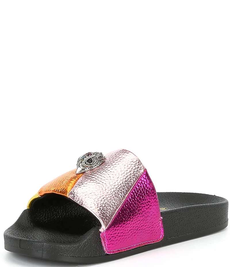 Kurt Geiger London Girls' Meena Metallic Leather Rainbow Striped Logo Ornament Pool Slide Sandals (Toddler)