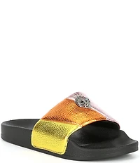 Kurt Geiger London Girls' Meena Metallic Leather Rainbow Striped Logo Ornament Pool Slide Sandals (Youth)