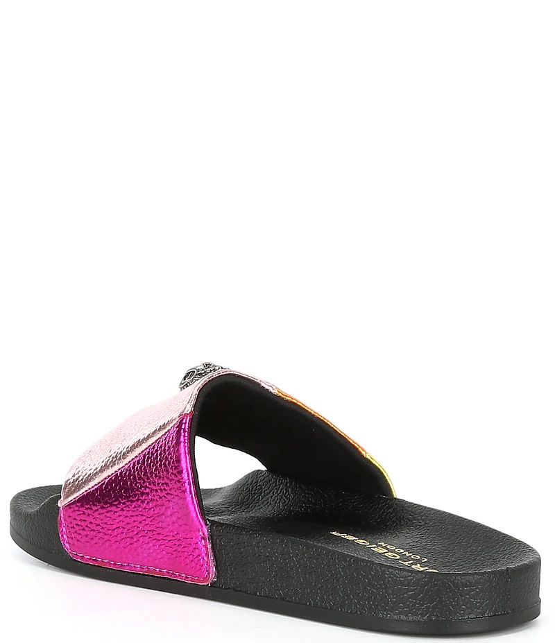 Kurt Geiger London Girls' Meena Metallic Leather Rainbow Striped Logo Ornament Pool Slide Sandals (Youth)