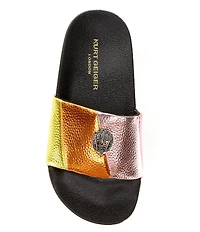 Kurt Geiger London Girls' Meena Metallic Leather Rainbow Striped Logo Ornament Pool Slide Sandals (Youth)