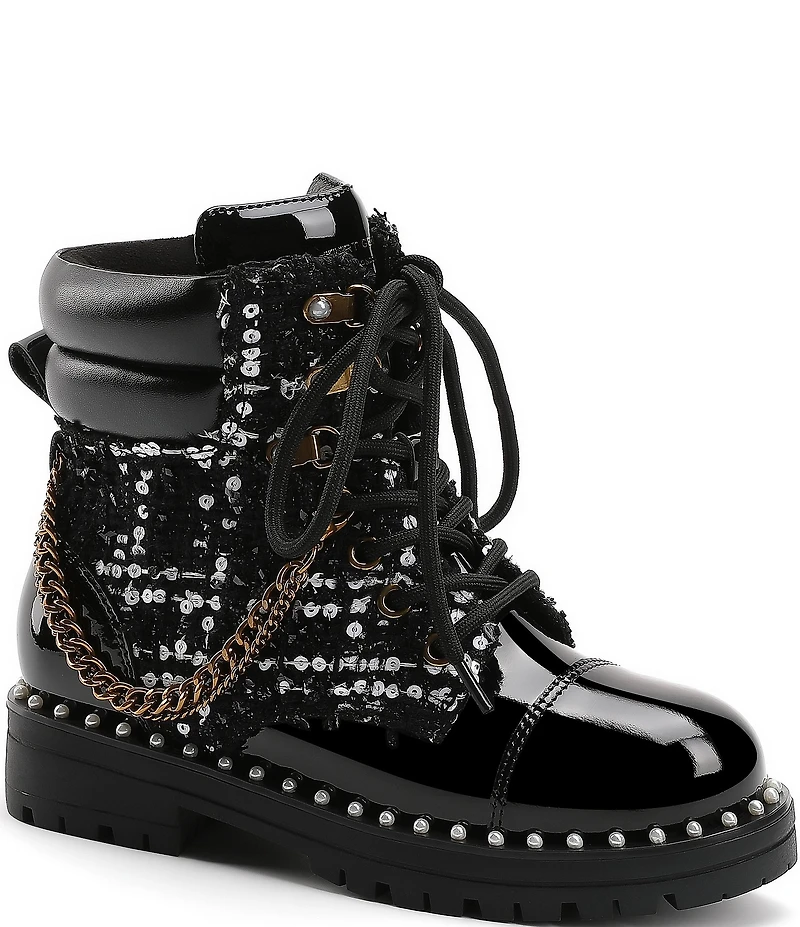 Kurt Geiger London Girls' Studded Patent and Sequin Embellished Tweed Chain Hardware Combat Boots (Toddler)