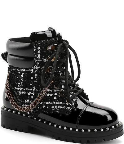 Kurt Geiger London Girls' Studded Patent and Sequin Embellished Tweed Chain Hardware Combat Boots (Toddler)