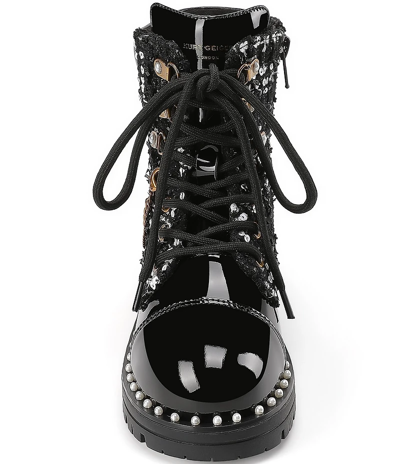 Kurt Geiger London Girls' Studded Patent and Sequin Embellished Tweed Chain Hardware Combat Boots (Toddler)